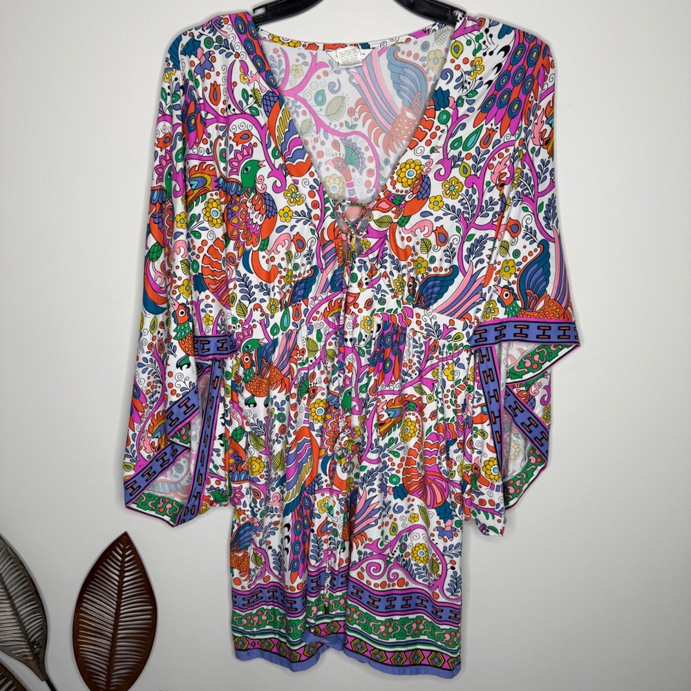 D6 Trina Turk Peacock Floral Print Kaftan Swim Cover Up Kimono Sleeve M - Picture 4 of 10